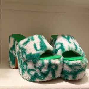 Green and White Fur Platform Heels